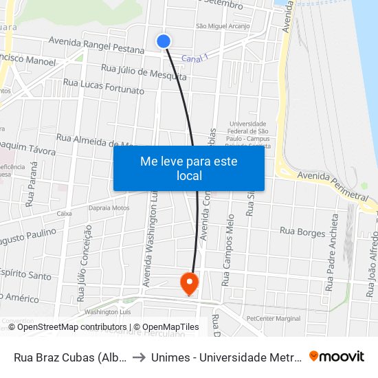 Rua Braz Cubas (Albergue Noturno) to Unimes - Universidade Metropolitana De Santos map