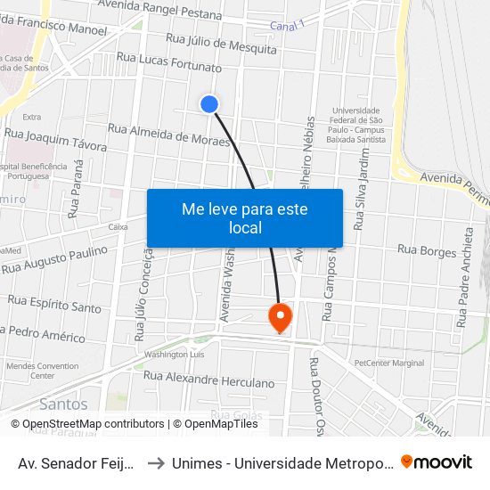 Av. Senador Feijó (Camps) to Unimes - Universidade Metropolitana De Santos map