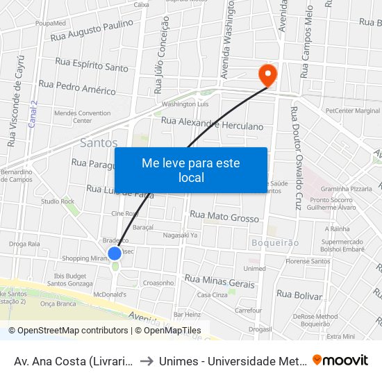 Av. Ana Costa (Livraria Martins Fontes) to Unimes - Universidade Metropolitana De Santos map