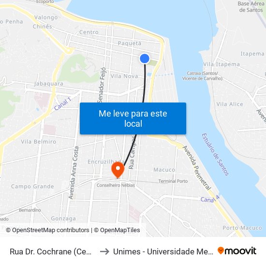 Rua Dr. Cochrane (Cemitério Do Paquetá) to Unimes - Universidade Metropolitana De Santos map