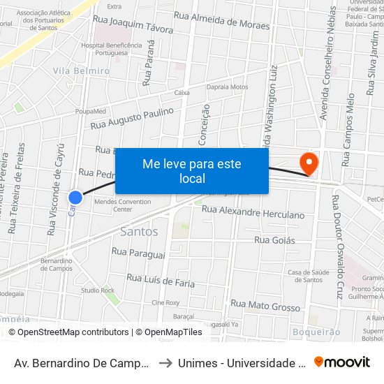 Av. Bernardino De Campos X Rua Evaristo Da Veiga to Unimes - Universidade Metropolitana De Santos map
