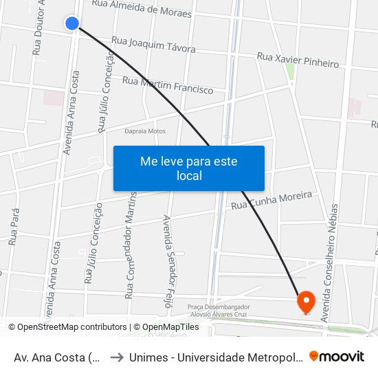 Av. Ana Costa (Recordtv) to Unimes - Universidade Metropolitana De Santos map