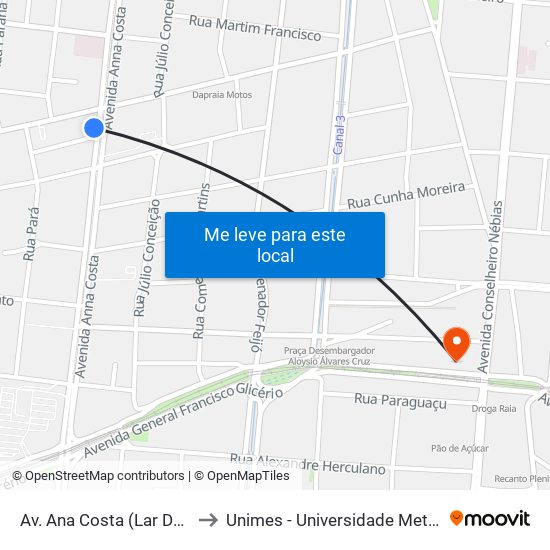 Av. Ana Costa (Lar Das Moças Cegas) to Unimes - Universidade Metropolitana De Santos map