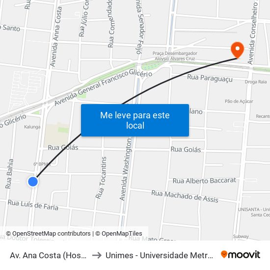 Av. Ana Costa (Hospital Gonzaga) to Unimes - Universidade Metropolitana De Santos map