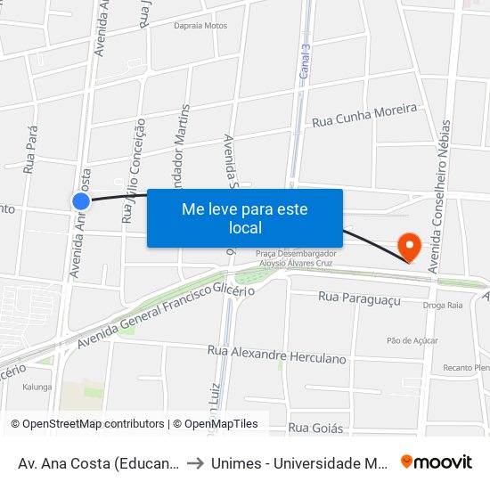 Av. Ana Costa (Educandário Anália Franco) to Unimes - Universidade Metropolitana De Santos map