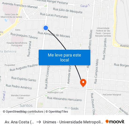 Av. Ana Costa (Unifesp) to Unimes - Universidade Metropolitana De Santos map