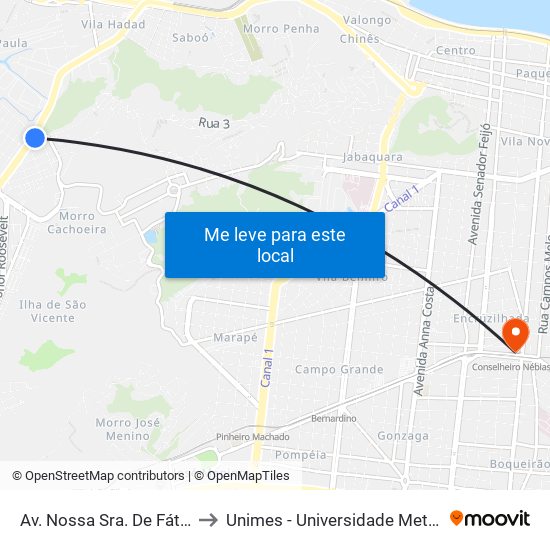 Av. Nossa Sra. De Fátima (Bom Prato) to Unimes - Universidade Metropolitana De Santos map