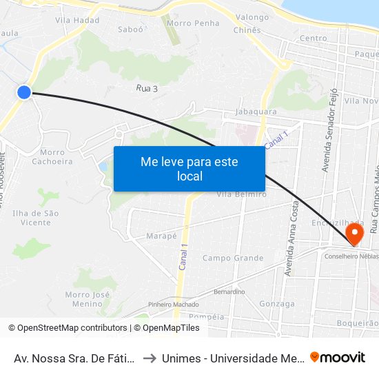 Av. Nossa Sra. De Fátima (Sub-Prefeitura) to Unimes - Universidade Metropolitana De Santos map