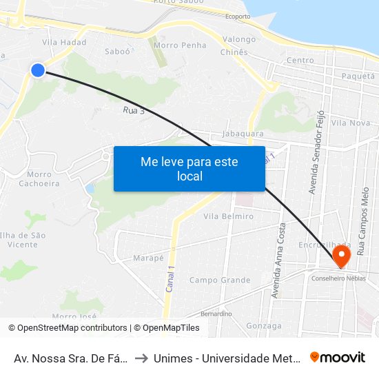 Av. Nossa Sra. De Fátima (Atacadão) to Unimes - Universidade Metropolitana De Santos map