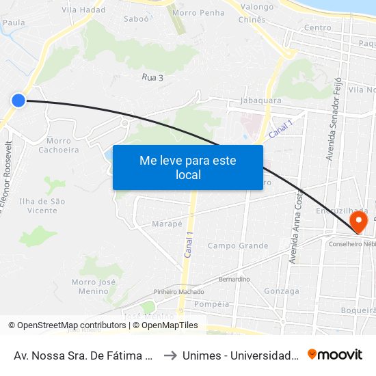 Av. Nossa Sra. De Fátima X Rua Indalécio De Arruda Costa to Unimes - Universidade Metropolitana De Santos map