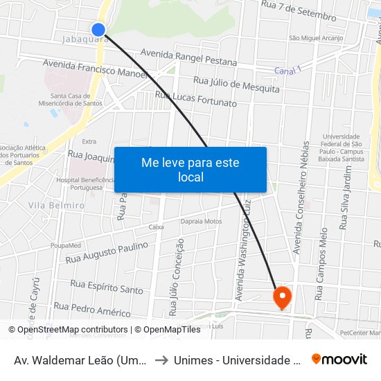 Av. Waldemar Leão (Ume Paulo Gomes Barbosa) to Unimes - Universidade Metropolitana De Santos map