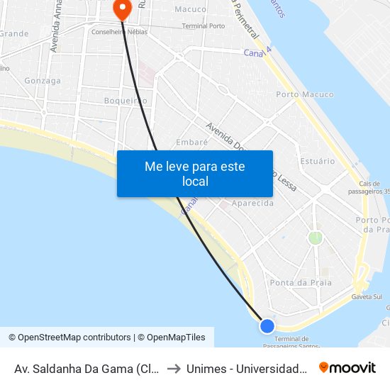 Av. Saldanha Da Gama (Clube Internacional De Regatas) to Unimes - Universidade Metropolitana De Santos map