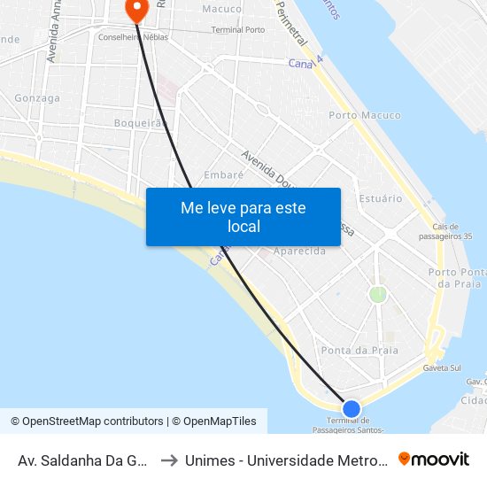 Av. Saldanha Da Gama (Escuna) to Unimes - Universidade Metropolitana De Santos map