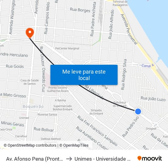 Av. Afonso Pena (Pronto Socorro Zona Leste) to Unimes - Universidade Metropolitana De Santos map