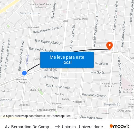 Av. Bernardino De Campos X Av. Francisco Glicério to Unimes - Universidade Metropolitana De Santos map