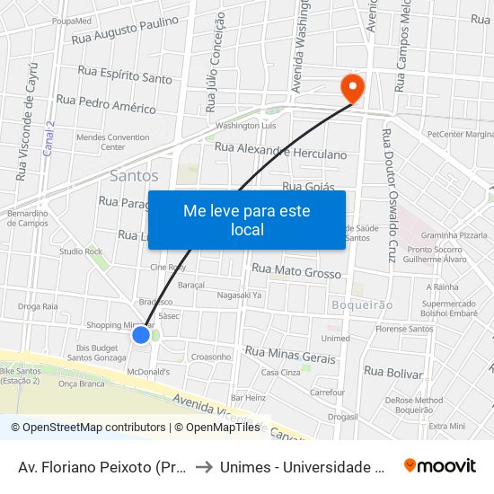 Av. Floriano Peixoto (Praça Da Independência) to Unimes - Universidade Metropolitana De Santos map