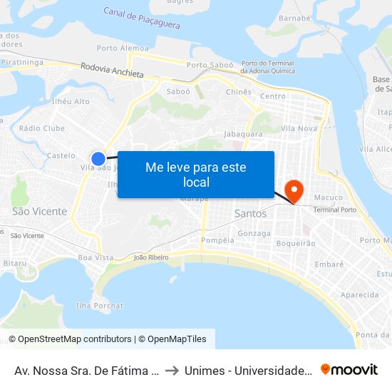 Av. Nossa Sra. De Fátima (Cemitério Da Areia Branca) to Unimes - Universidade Metropolitana De Santos map