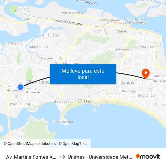 Av. Martins Fontes X Rua Frei Gaspar to Unimes - Universidade Metropolitana De Santos map