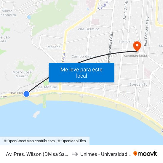 Av. Pres. Wilson (Divisa Santos/São Vicente) Intermunicipais to Unimes - Universidade Metropolitana De Santos map