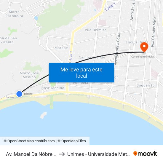 Av. Manoel Da Nóbrega (Posto Portal) to Unimes - Universidade Metropolitana De Santos map