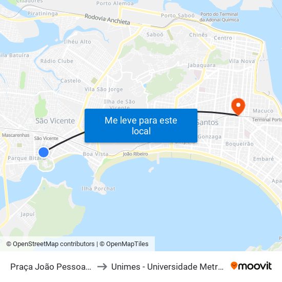 Praça João Pessoa (Igreja Matriz) to Unimes - Universidade Metropolitana De Santos map