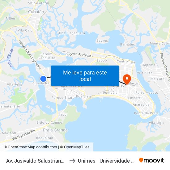 Av. Jusivaldo Salustriano Dos Santos (Sest Senat) to Unimes - Universidade Metropolitana De Santos map