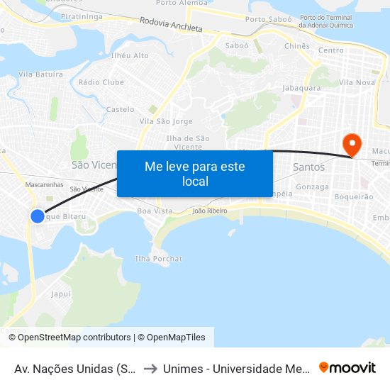 Av. Nações Unidas (Subida Do Viaduto) to Unimes - Universidade Metropolitana De Santos map
