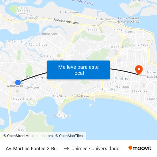 Av. Martins Fontes X Rua Caminho Dos Barreiros to Unimes - Universidade Metropolitana De Santos map