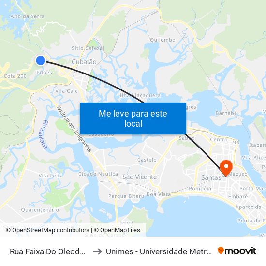 Rua Faixa Do Oleoduto (Ubs Pinhal) to Unimes - Universidade Metropolitana De Santos map