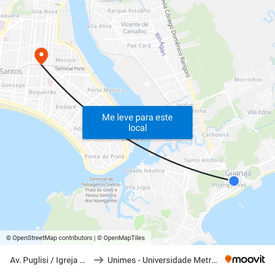 Av. Puglisi / Igreja Matriz (Centro) to Unimes - Universidade Metropolitana De Santos map