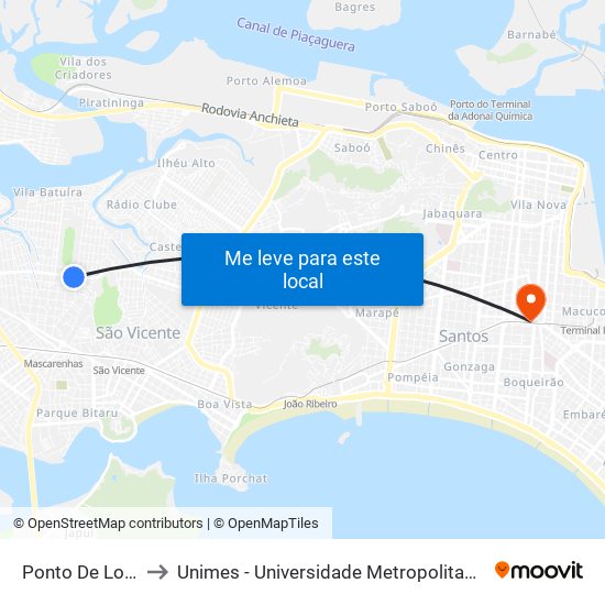 Ponto De Lotação to Unimes - Universidade Metropolitana De Santos map