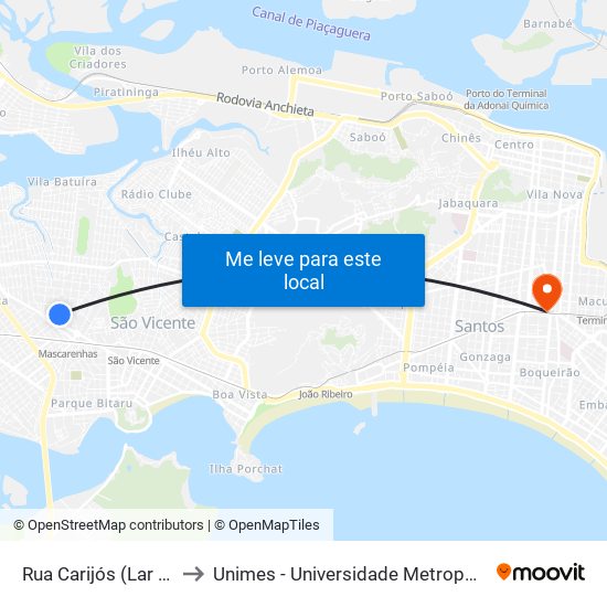 Rua Carijós (Lar Vicentino) to Unimes - Universidade Metropolitana De Santos map