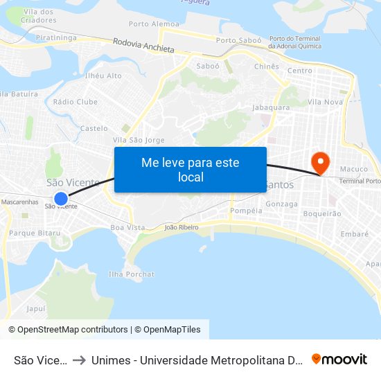 São Vicente to Unimes - Universidade Metropolitana De Santos map