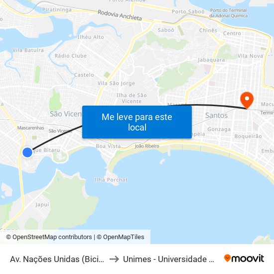 Av. Nações Unidas (Bicicletaria Do Zé Baixinho) to Unimes - Universidade Metropolitana De Santos map