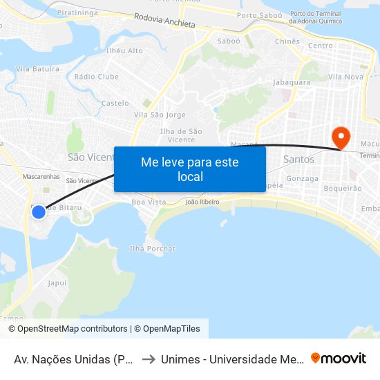 Av. Nações Unidas (Padaria Nova Bitarú) to Unimes - Universidade Metropolitana De Santos map