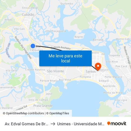 Av. Edval Gomes De Brito (Ume Pucciarello) to Unimes - Universidade Metropolitana De Santos map