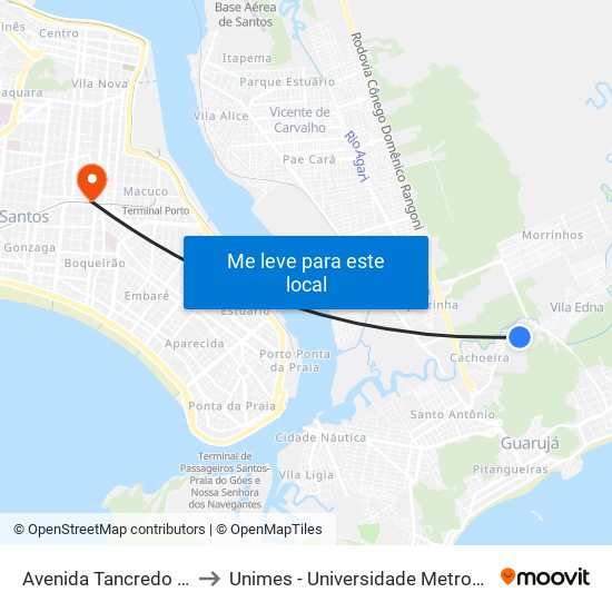 Avenida Tancredo Neves 1350 to Unimes - Universidade Metropolitana De Santos map