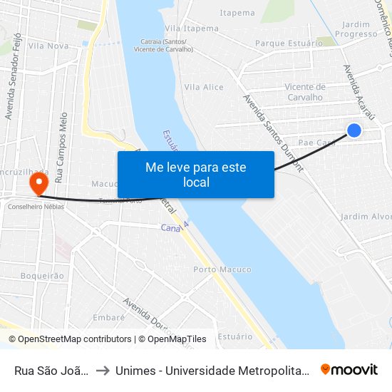 Rua São João 933 to Unimes - Universidade Metropolitana De Santos map