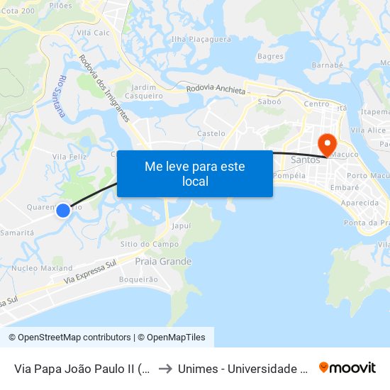 Via Papa João Paulo II (Lagoa Do Quarentenário) to Unimes - Universidade Metropolitana De Santos map