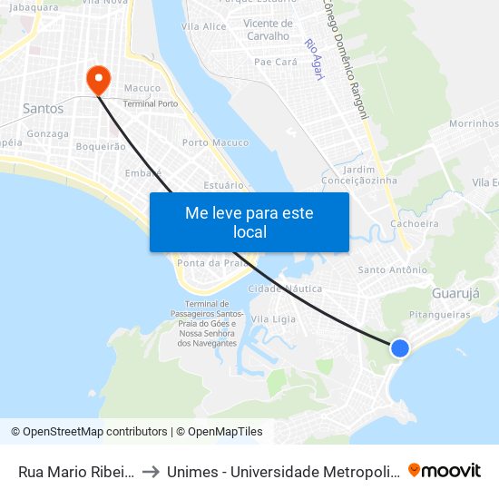 Rua Mario Ribeiro, 1611 to Unimes - Universidade Metropolitana De Santos map