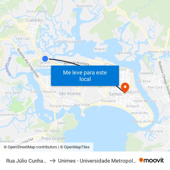 Rua Júlio Cunha (Ambev) to Unimes - Universidade Metropolitana De Santos map