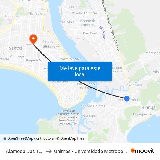 Alameda Das Tulípas, 45 to Unimes - Universidade Metropolitana De Santos map