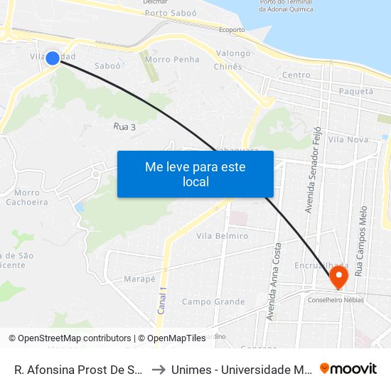 R. Afonsina Prost De Souza X R. Santa Maria to Unimes - Universidade Metropolitana De Santos map