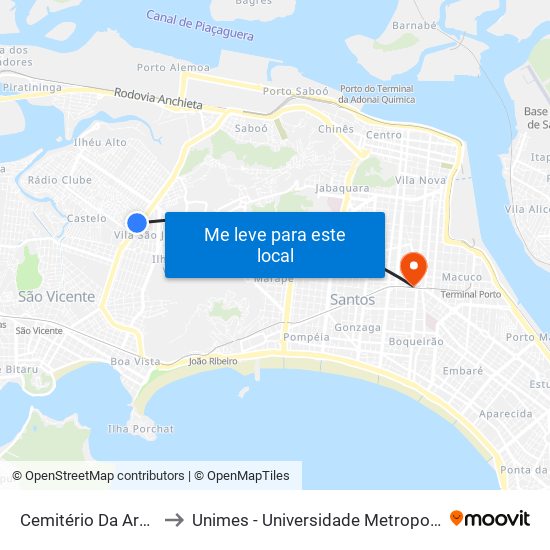 Cemitério Da Areia Branca to Unimes - Universidade Metropolitana De Santos map