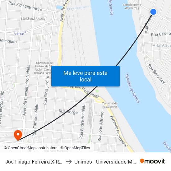 Av. Thiago Ferreira X Rua Rio Grande Do Sul to Unimes - Universidade Metropolitana De Santos map
