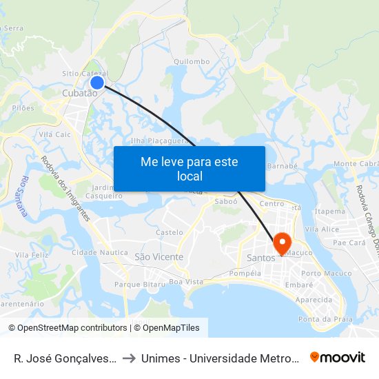 R. José Gonçalves Tôrres, 129 to Unimes - Universidade Metropolitana De Santos map