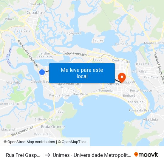 Rua Frei Gaspar, 4465 to Unimes - Universidade Metropolitana De Santos map