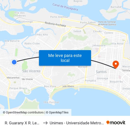 R. Guarany X R. Leonardo Nunes to Unimes - Universidade Metropolitana De Santos map