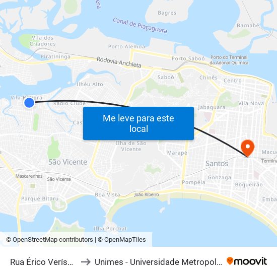 Rua Érico Veríssimo, 493 to Unimes - Universidade Metropolitana De Santos map