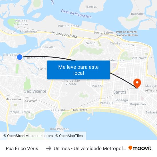 Rua Érico Veríssimo, 142 to Unimes - Universidade Metropolitana De Santos map